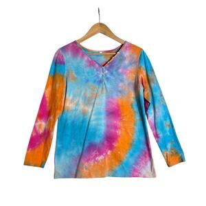 Women’s Tie Dye V-Neck Top Size Large 3/4 Sleeve 90% Cotton Boho